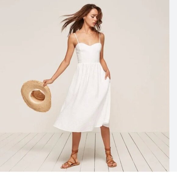 Reformation White Sleeveless tank midi Dress smocked drop waist 6 - Picture 1 of 9